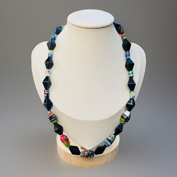 Millefiori Multicolored & Black Glass Beaded Necklaces 16” Artisan Boho T Clasp - Picture 11 of 11